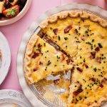 Pie plate of quiche lorraine slices