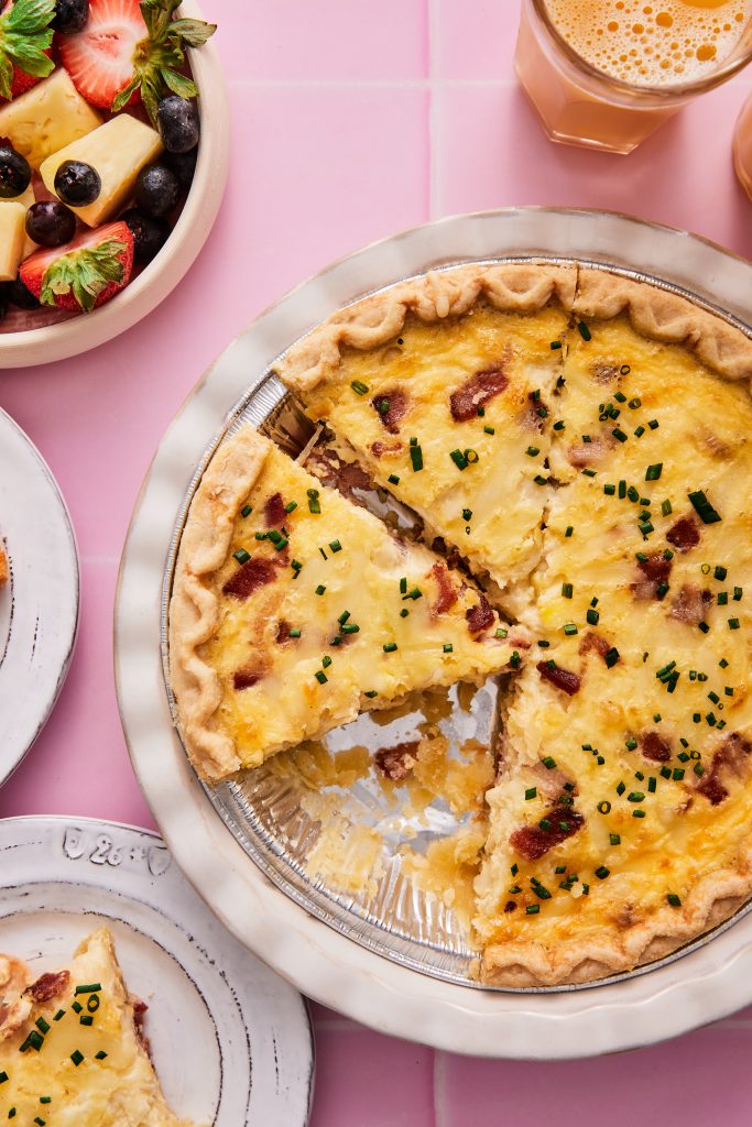 Pie plate of quiche lorraine slices