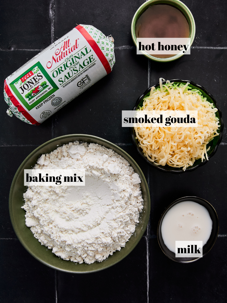 gouda sausage balls ingredients with text