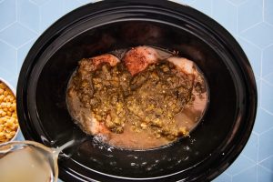 Chicken breasts with salsa verde over the top in slow cooker