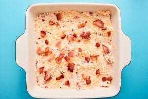 Baking dish with pimento dip before baking