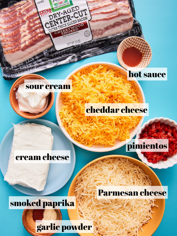hot pimento cheese dip ingredients with text