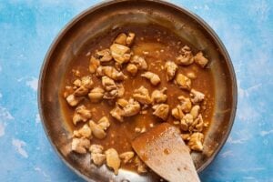 almond chicken stir fry in a skillet