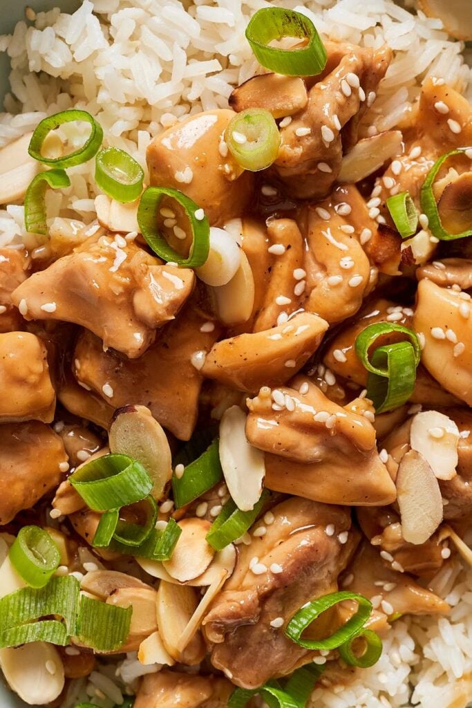 close up of almond chicken stir fry