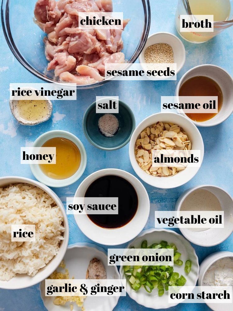 almond chicken ingredients in bowls on a blue background with text 