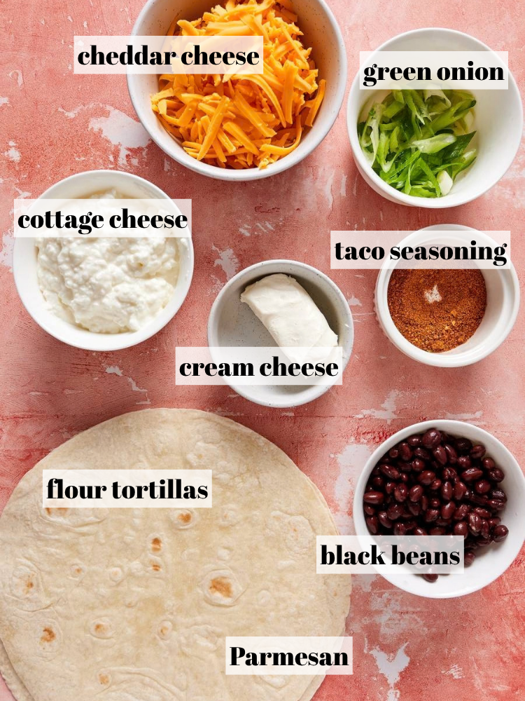 ingredients for taco pinwheels on a pink background with text 